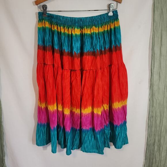 Festive Blue Red Yellow Elastic Waist Flared A-line Knee Length Skirt Size 16W - Picture 1 of 4